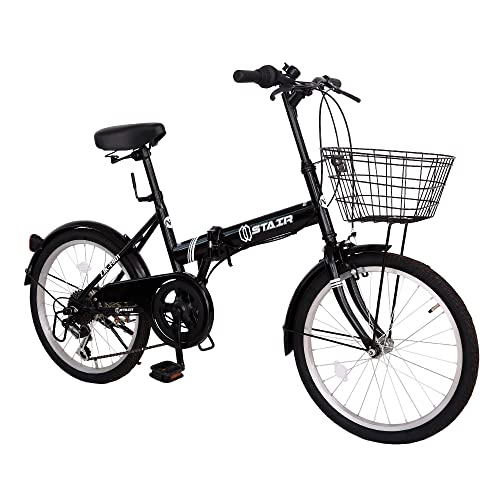 折りたたみ自転車 折り畳み自転車 20インチ シマノ６段変速 カゴ付 ワイヤ錠・ライトのプレゼント付き 前後泥除け装備 ハンドルの高さ調節できる 小径車 ミニベロ ブラック